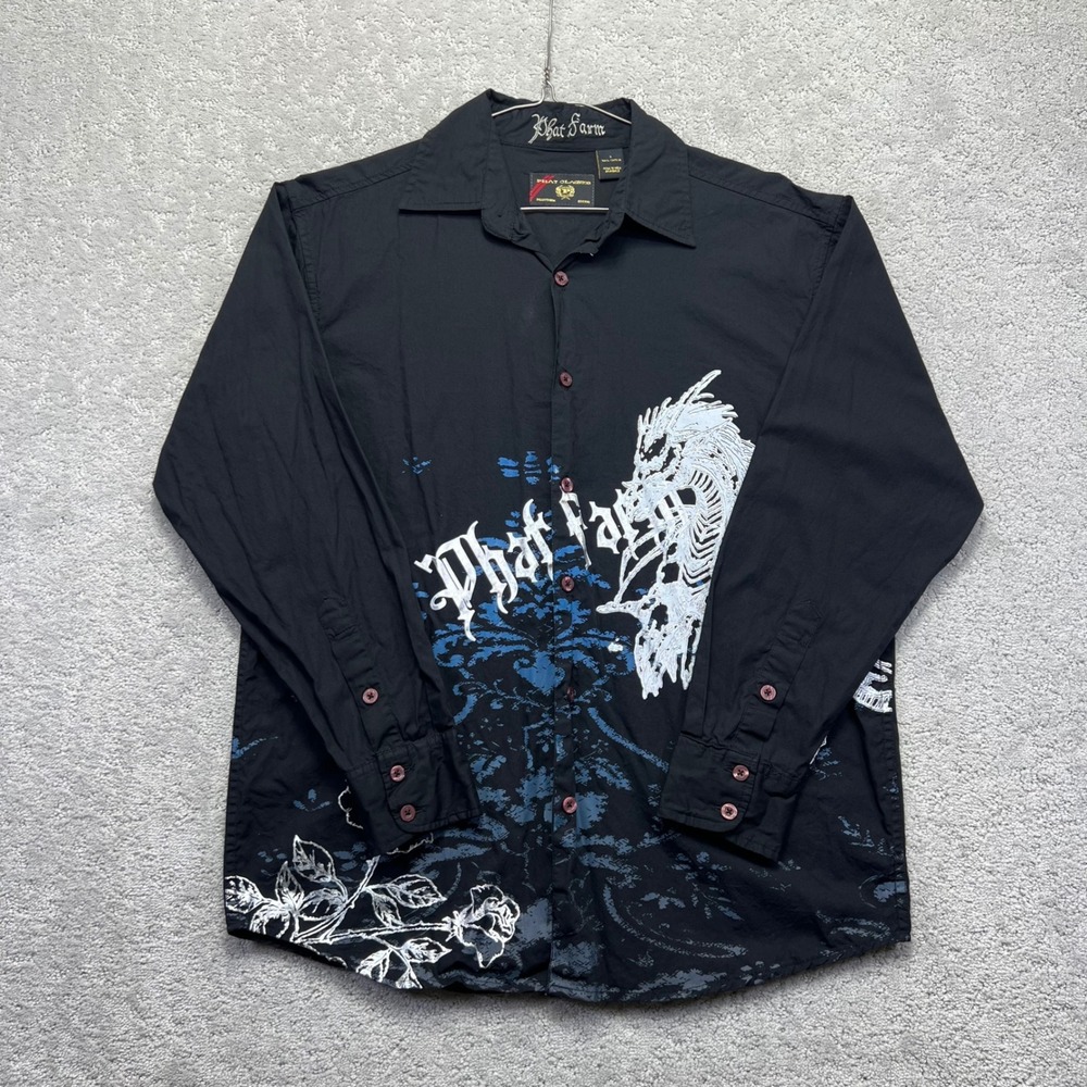 Y2k Phat Farm Classics Shirt Mens‎ Large Black Dragon Rose Long Sleeve Grunge